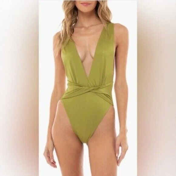 Agua Bendita Other - Agua Bendita Swimsuit Womens Medium Olive One Piece Twist Front Plunge Ployester